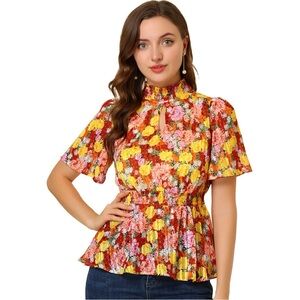 🆕 Allegra K Women’s XL Shirred Floral Smocked Waist~Flare Sleeves Peplum Blouse